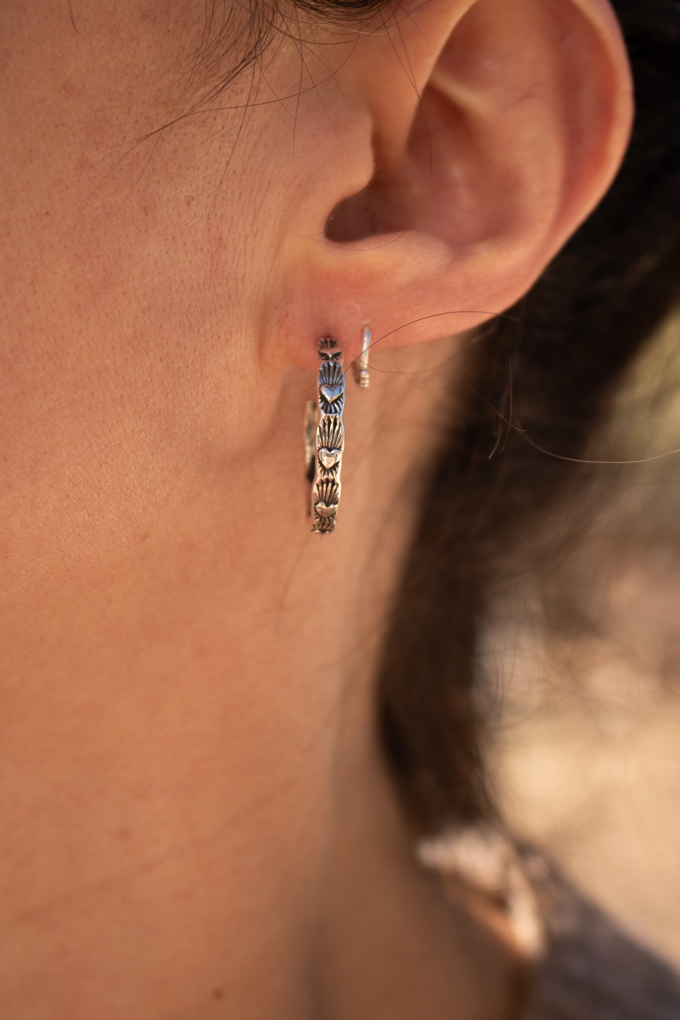 Sm. Stamped Heartburst Hoops - Image 2